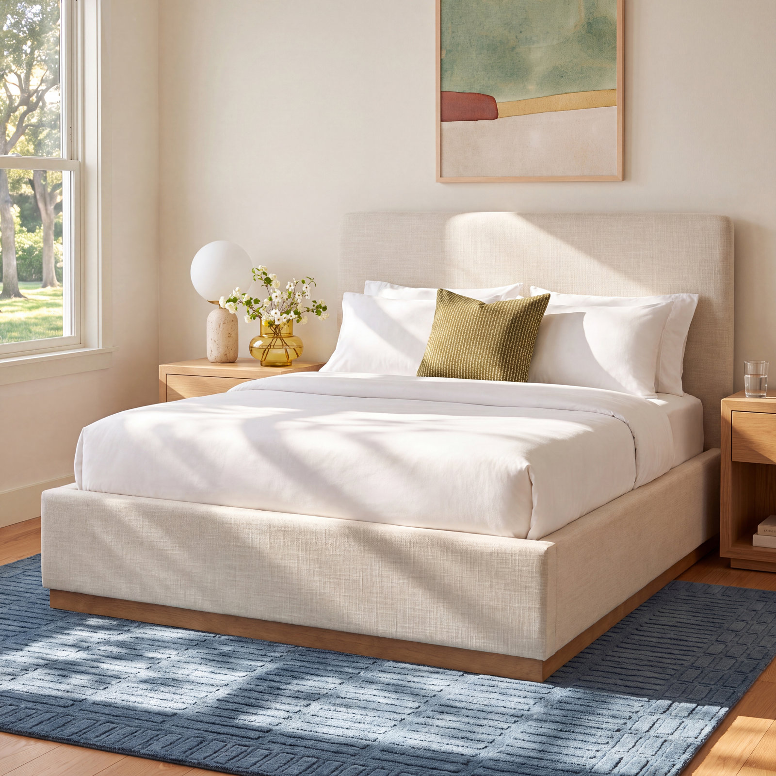 Delpha Upholstered Oak Bed, King, Effie Linen Performance Linen