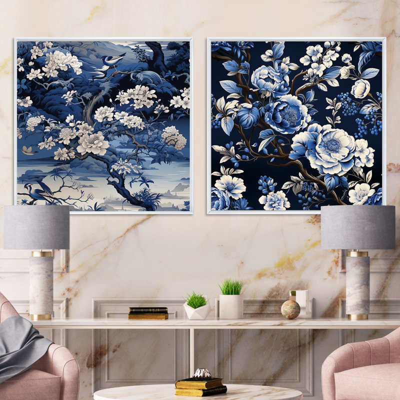 Ensemble de 2 collages carrés chinois à motif victorien chinois, Cadre flottant blanc, H 30 po x l 61 po