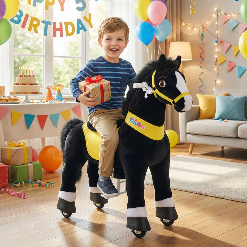 Model E Ride On Horse, Noir, Size 4 for Age 4-7
