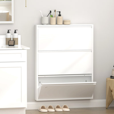 Metal Shoe Cabinet with 3 Flip Drawers, Wall Mounted Shoe Organizer, Narrow Slim Hidden Shoe Rack for Entryway,White