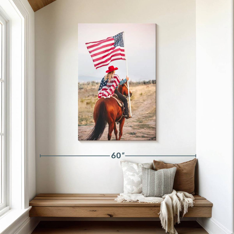 Mehar, patriotique, cow-boy à cheval, H 45 po x l 30 po
