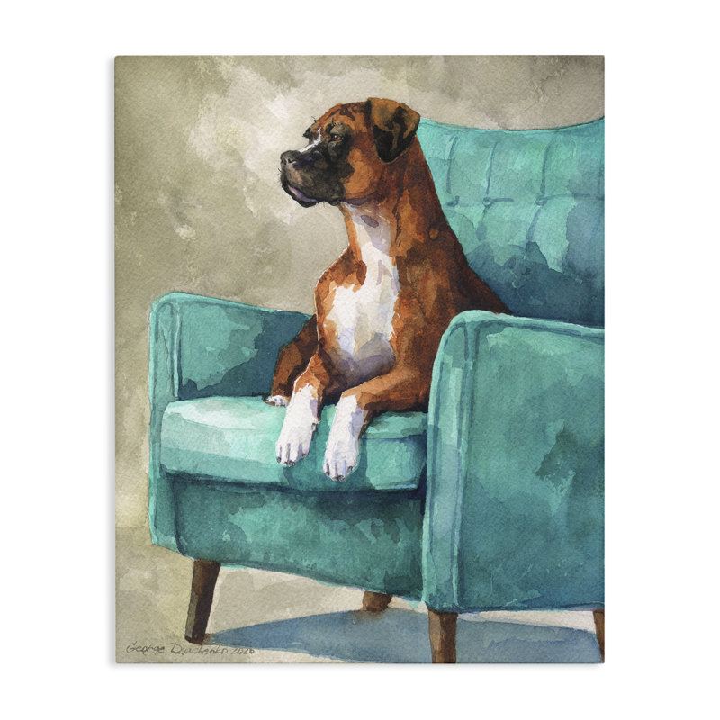 Boxer majestueux sur toile de fauteuil, design par George Dyachenko, H 20 po x l 16 po