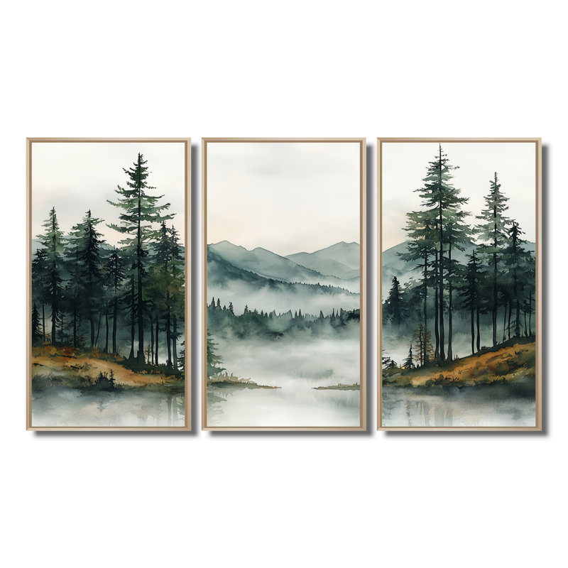 «Green Pine Trees Mist Morning I», ensemble d'art mural pin, H 28 po x l 36 po x P 1 po, Toile naturelle avec cadre flottant