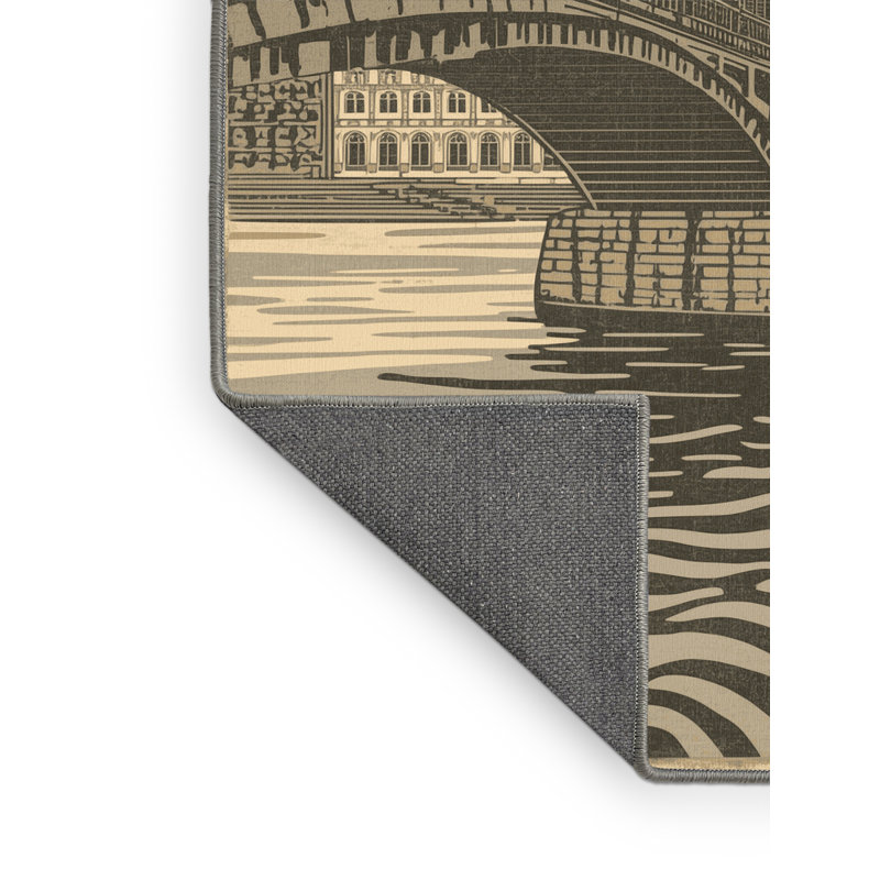 Soft Plush Beecher Prague Charles Bridge Vintage Block Print Area Rug in Brown – Gray Binding, 5x8