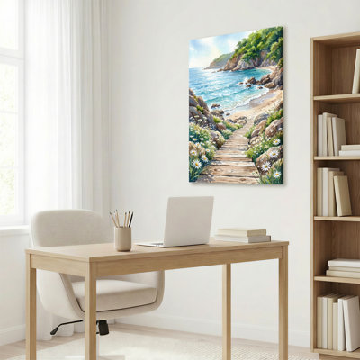 Coastal Pathway With Daisies And Ocean View Canvas Wrapped Wall Art Oil Painting Print Set Of 1