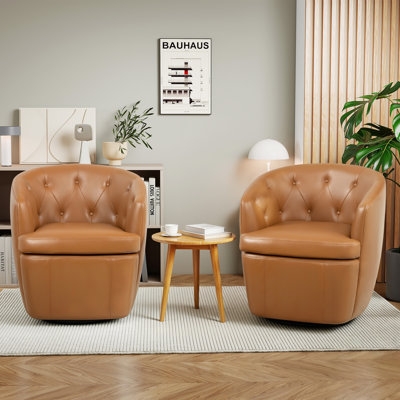 Classic Tuffted Upholstered Swivel Barrel Chair with Unique Recessed Arms