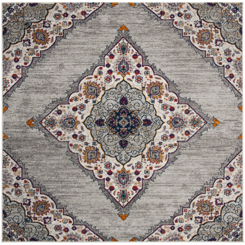Tapis oriental gris / crème / fuchsia / saphir / or Christa, Carré 6 pi 7 po