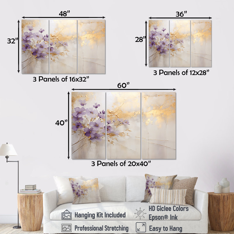 Geier - Ensemble d'art mural sur toile Violets, H 40 po x l 60 po x P 1 po, Toile tendue