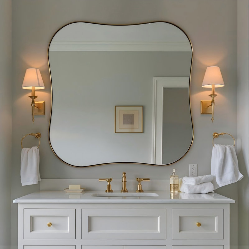 Miroir de salle de bain Contemporary Cadre en acier inoxydable, 30 po x 30 po, Or brossé