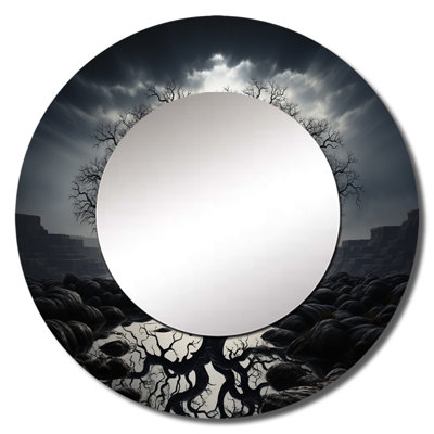 Seoras The Contrast Tree Monochrome II - Monochrome Decorative Wall Mirror, Traditional Round Mirror, Printed Metal Art