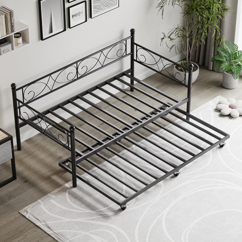 Bedroom Sofa Bed w/ Trundle, Twin Size Metal Daybed w/ Floral Headboard, Heavy Duty Metal Slats Support Multifunctional Bed