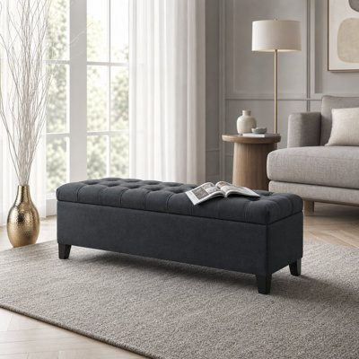 Charcoal Grey Tufted Storage Ottoman Bench, Long Flip-Top Bench for Living Room and Bedroom