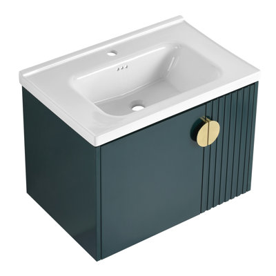 Meuble-lavabo de salle de bain avec lavabo en céramique, 28 po, fixation murale, portes à fermeture en douceur, conception moderne, lavabo en contreplaqué avec coffre en contreplaqué - portes à fermeture en douceur pour petites salles de bain