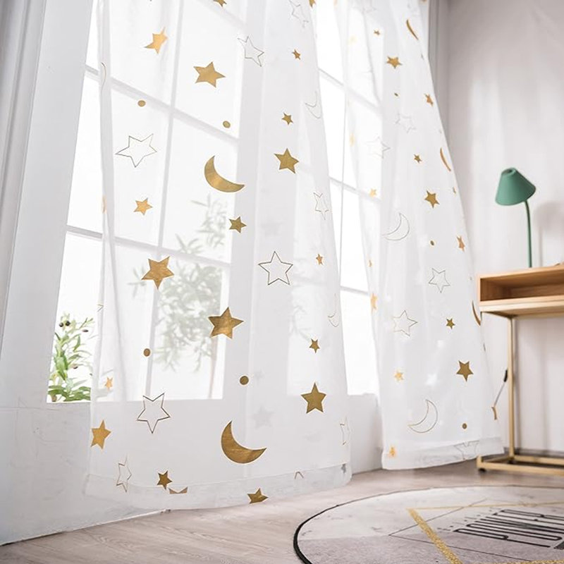 Star Moon Sheer Curtains For Nursery Bedroom - Galaxy Space Theme - Light Filtering Gold Foil Print - Set Of 2 Panels - 39.3X106.3In