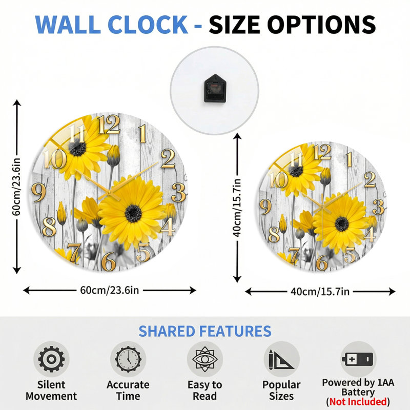 Horloge murale florale en bois, 40 x 40 cm (15,7 x 15,7 pouces)