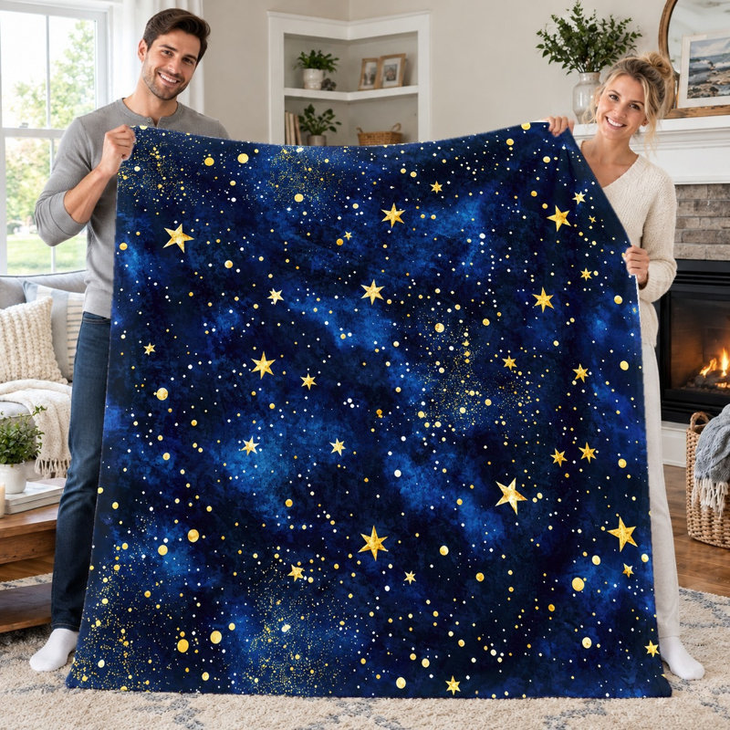 1pc Cozy Starry Night Flannel Blanket, Deep Blue Galaxy Pattern Plush Throw, Super Soft Warm Lightweight Blanket for Couch Sofa Bed Living Room Dorm Office Travel, Home Decor All-Season Gift
