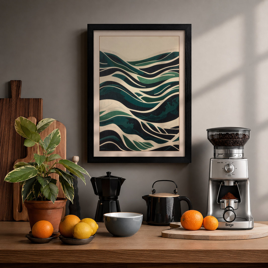 Flowing Teal Waves Minimalist - Framed Print