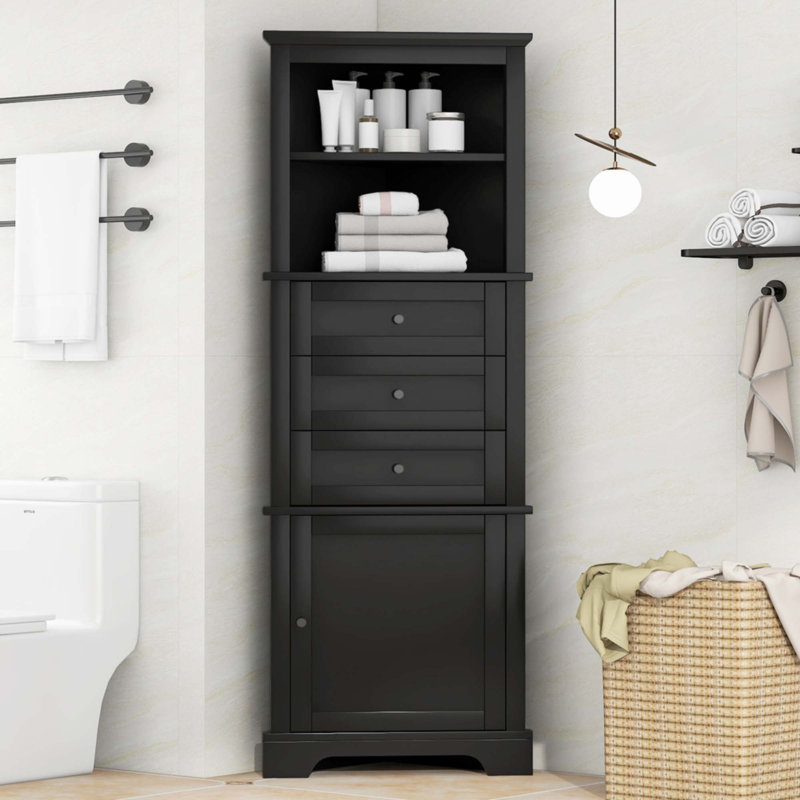 Black Triangle Tall Cabinet With 3 Drawers And Adjustable Shelves For Bathroom, Black
