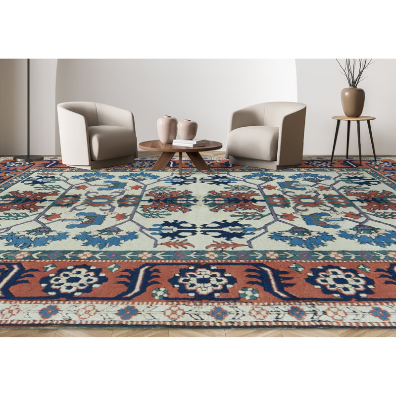 Hand-Knotted High-Quality Ivory and Rust Area Rug