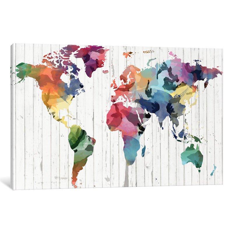 Carte du monde en aquarelle, impression sur toile tendue, H 16 po x l 24 po x P 1 po, Papier d'art encadré noir, Blanc