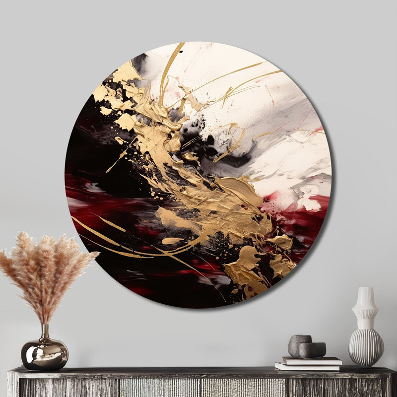 Fusion fluide dorée et rouge I - Art abstrait rond en métal, H 16 po x l 16 po