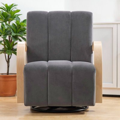 30.7"W Upholstered 360° Swivel Accent Chair With Solid Wood Armrests And Comfy Channel Tufted Lounge Reading Chair, Single Sofa Armchair For Hotel Bedroom Living Room Office And Bedroom. Charcoal