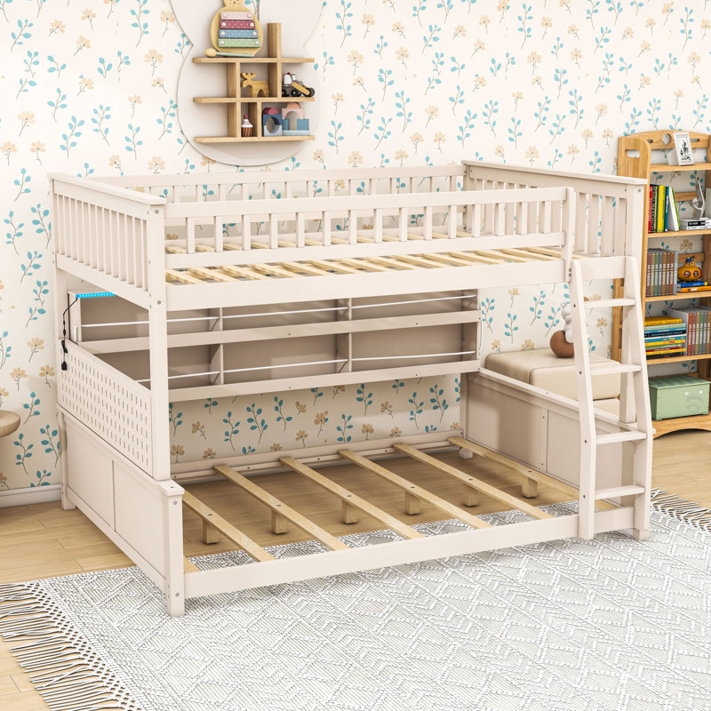 Lit superposé avec tablettes, lumières à changement de couleur et panneau perforé, Beige, Double TG sur grand