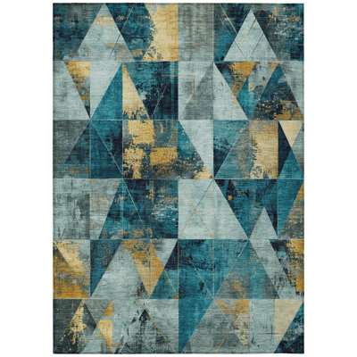 Machine Washable Indoor/Outdoor Xhevrie Teal Rug