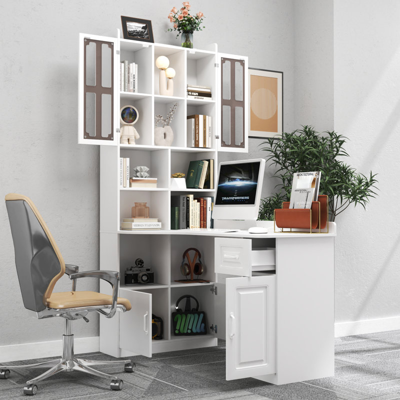 L-Shaped Computer Desk with Bookshelf , 76" Height Executive Desk with Hutch for Living Room and Office, White