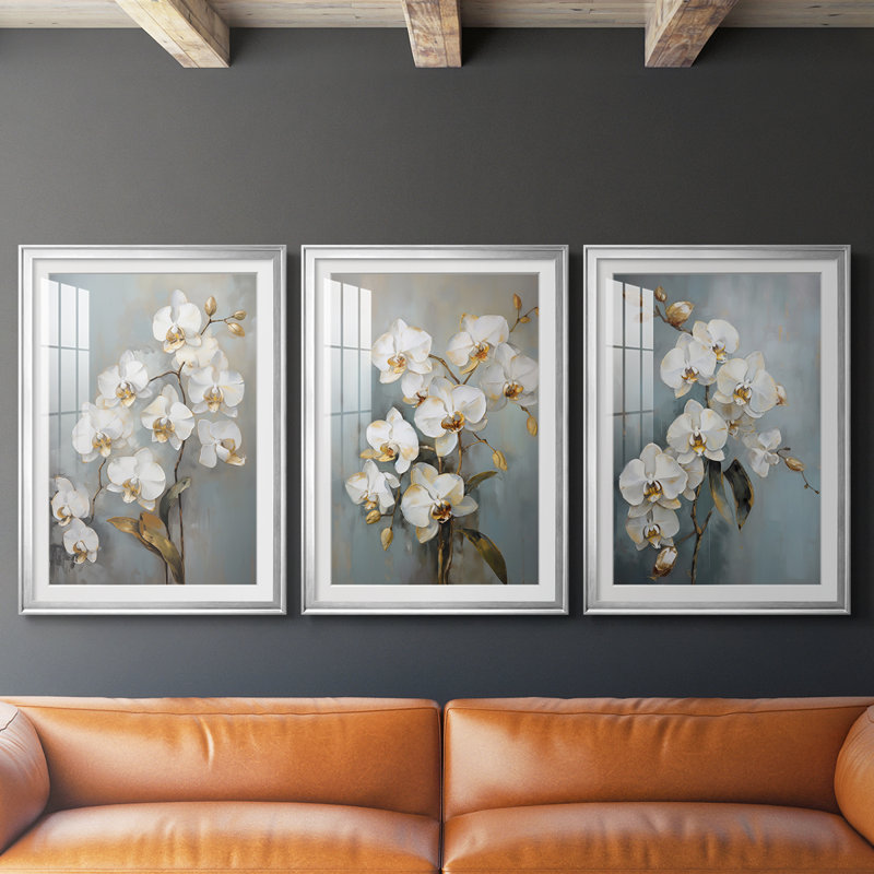 FLORAL Series CXCII - Impression encadrée sur mesure de qualité supérieure - 3 pièces, H 21 po x l 30 po, Argent argent