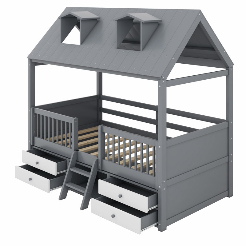 Structure de lit de jeu Playhouse avec toit de clôture pleine longueur, 4 tiroirs de rangement et échelle à 2 marches, Gris