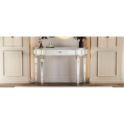 Console 47 po en demi-cercle avec miroir en verre cannelé et tiroir en cristal, gris et argent, style Mid-Century, fabrication solide, table à bords sûrs pour la chambre à coucher / vestiaire, panneau, bois franc