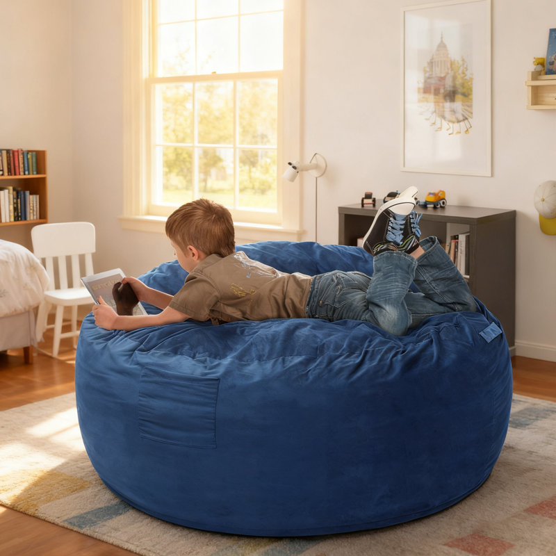 3.5FT Large Bean Bag Chair, Memory Foam, Washable Soft Suede Cover, Reinforced Zipper, for Kids Teens Adults, Blue