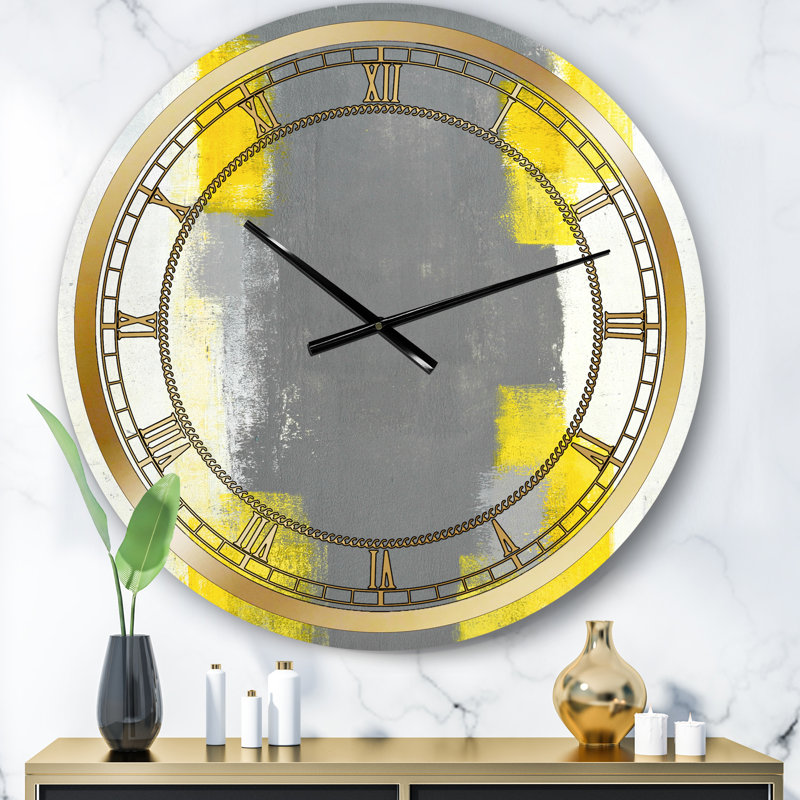 Gris et jaune bleu abstrait VI - horloge murale moderne, Petit