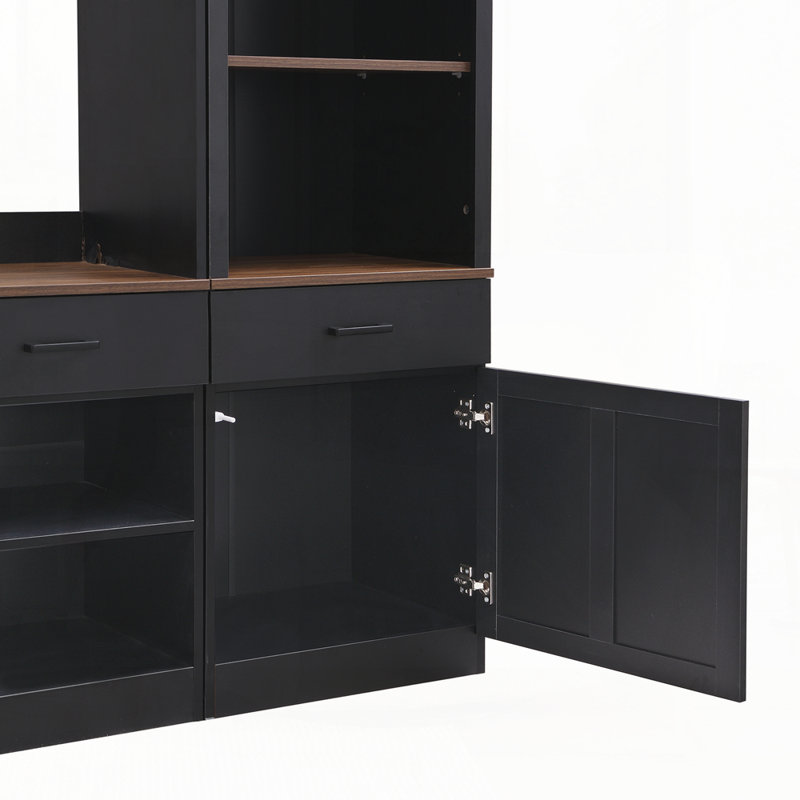 Farmhouse 4-Piece Entertainment Wall Unit Set With Bookshelf For Tvs Up To 70", Black/Dark Walnut