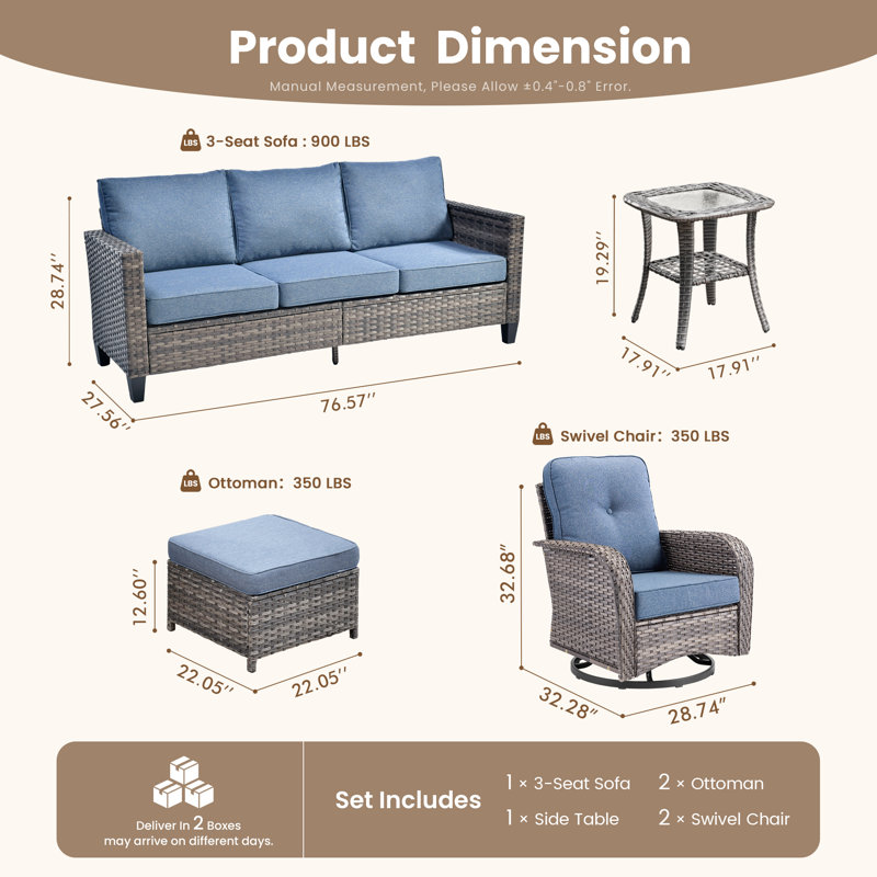Ensemble de mobilier d'extérieur Willow Terrace, ensemble de chaises de réception en rotin 6 pièces, ensemble de chaises pivotantes résistant aux intempéries