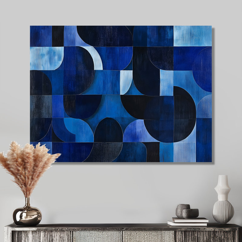Cercles et blocs indigo - Tableau géométrique encadré, H 16 po x l 32 po, Toile tendue