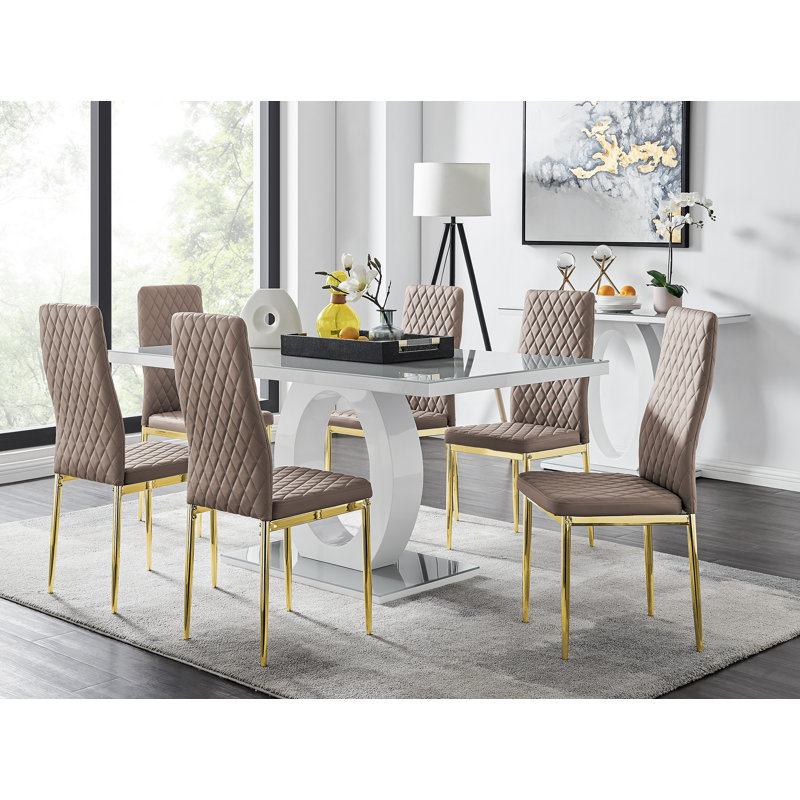 Scottsmoor Modern High Gloss Halo 6 Seater Dining Table Set with Luxury Faux Leather Dining Chairs, Cappuccino/Gold