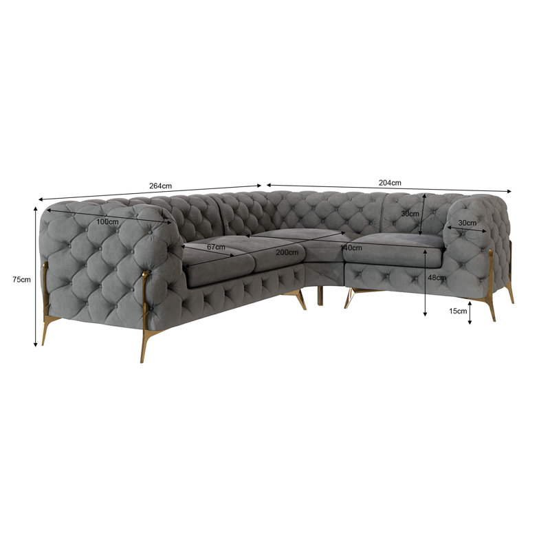 Chesterfield Corner Sofa L-Shape  with Gold Metal Legs, Grey, Left Hand Facing