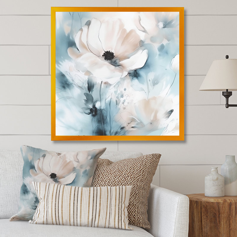 Fleurs délicates grises II - impression sur toile florale, L 16 po x H 16 po, Encadrement doré