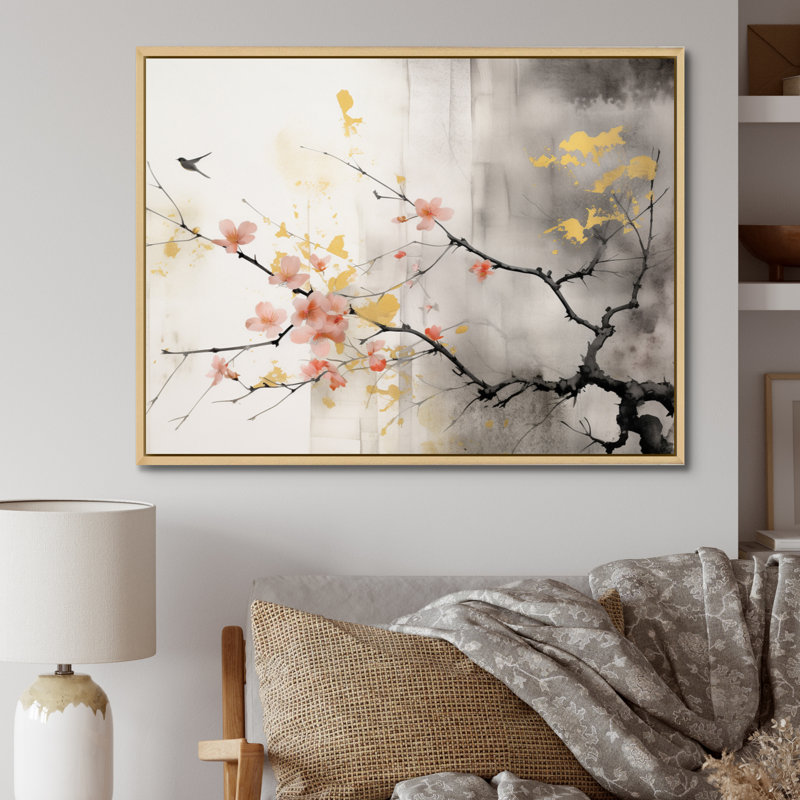 Art asiatique Sumi Blossom I - art mural asiatique, Cadre flottant érable, H 24 po x l 32 po x P 1 po