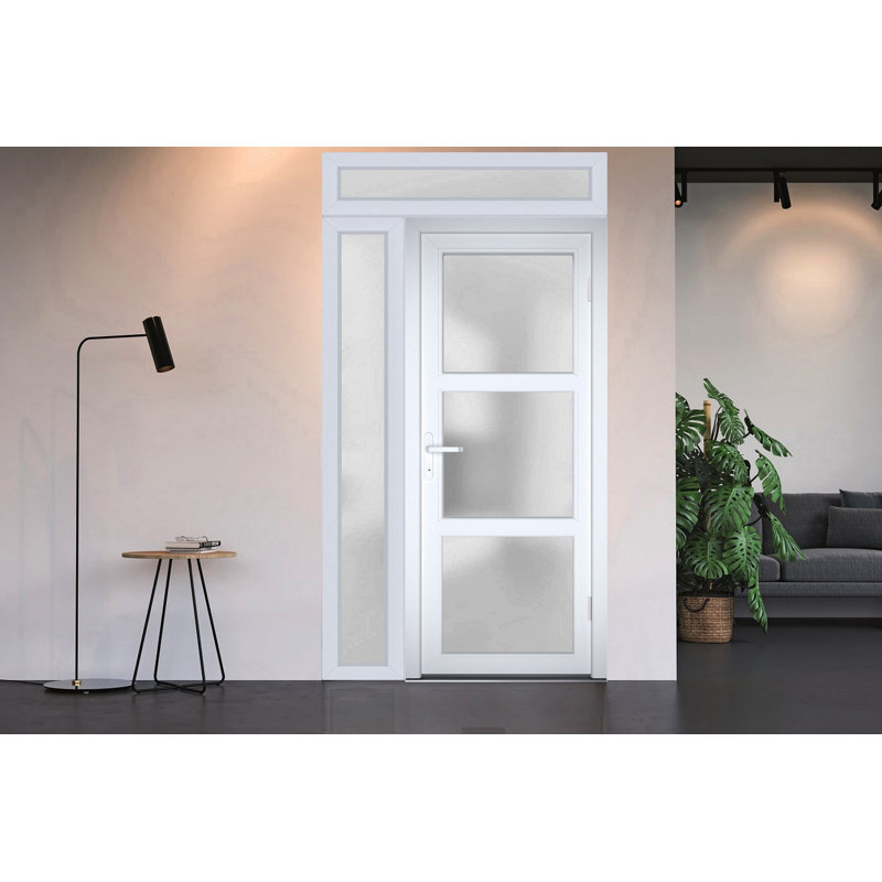 Porte d'entrée extérieure prémontée en fibre de verre, verre dépoli, Manux 8552 Blanc Soie, fenêtres latérales et supérieures, portes extérieures pour bureaux, commerces et habitations, entrée, patio, garage - L 91,4 cm + 36,6 cm x H 203,2 cm + 36,6 cm - Ouverture à droite vers l'intérieur