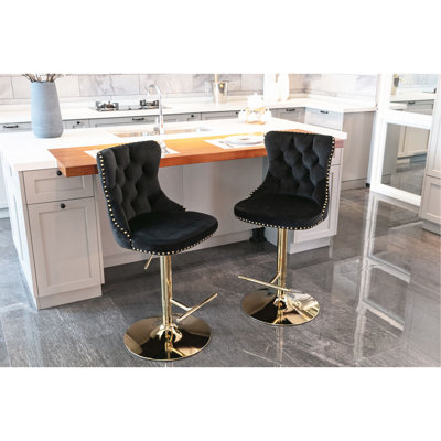 Adjustable Seat Height, Golden Swivel, Black, Velvet , Modern, Comfortable , Bar Stools With Backs, Of 2, Home Pub, Kitchen Island Compliance Swivel Height 25 - 33 Inch Modern Black 2 For Pub And