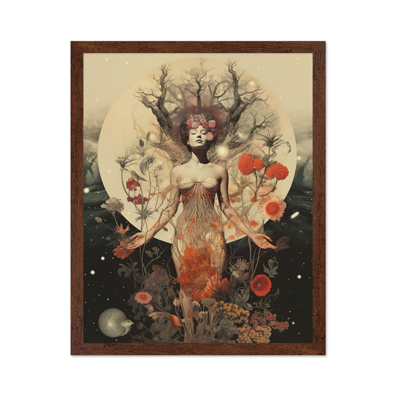 Femme psychédélique et fleurs no 3, Poster, 18"H x 24"W, Brown Framed