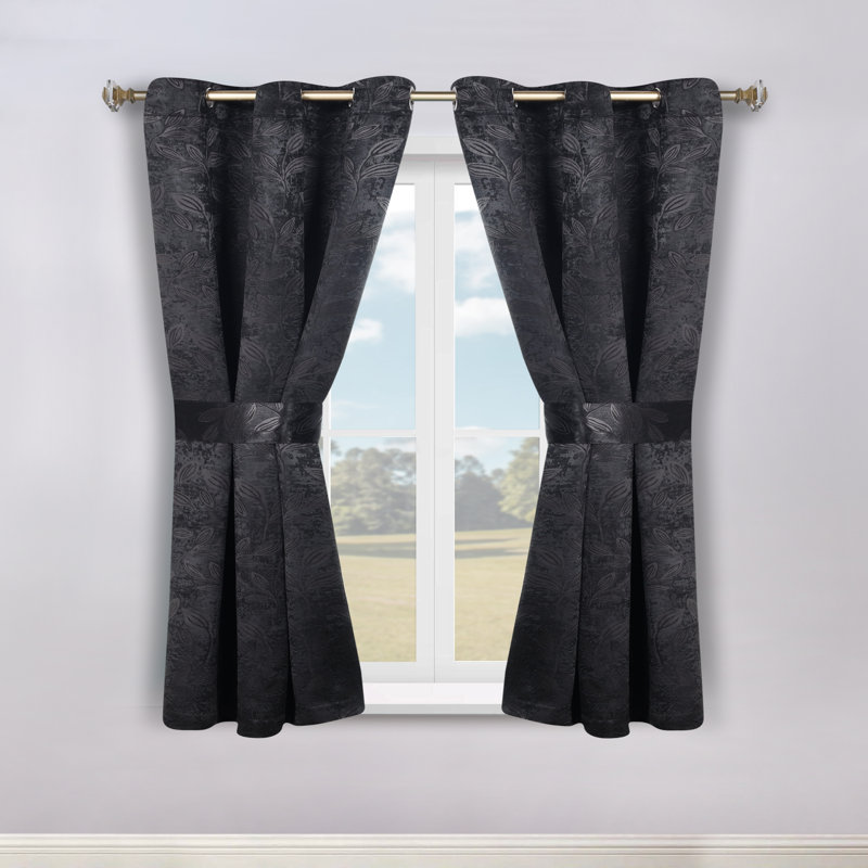 Finklea 100% Polyester Floral Room Darkening Grommet Curtain Panels, Black/Black, 46" W x 63" L