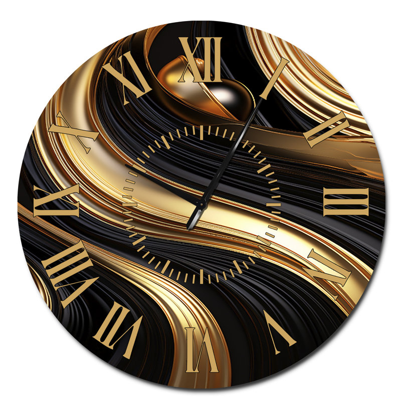 Horloge murale abstraite liquide or et noir I - spirales abstraites à visage doré, Surdimensionné