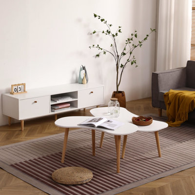 Nut-shaped Coffee Table With Solid Wood Legs, 43.26x20.69 Inches, White+oak, Versatile For Home Decor, , Bedside, Spacious Drinks & Mementos Legged Table, 43x21 Easy To Assemble, Snacks, Fits Living