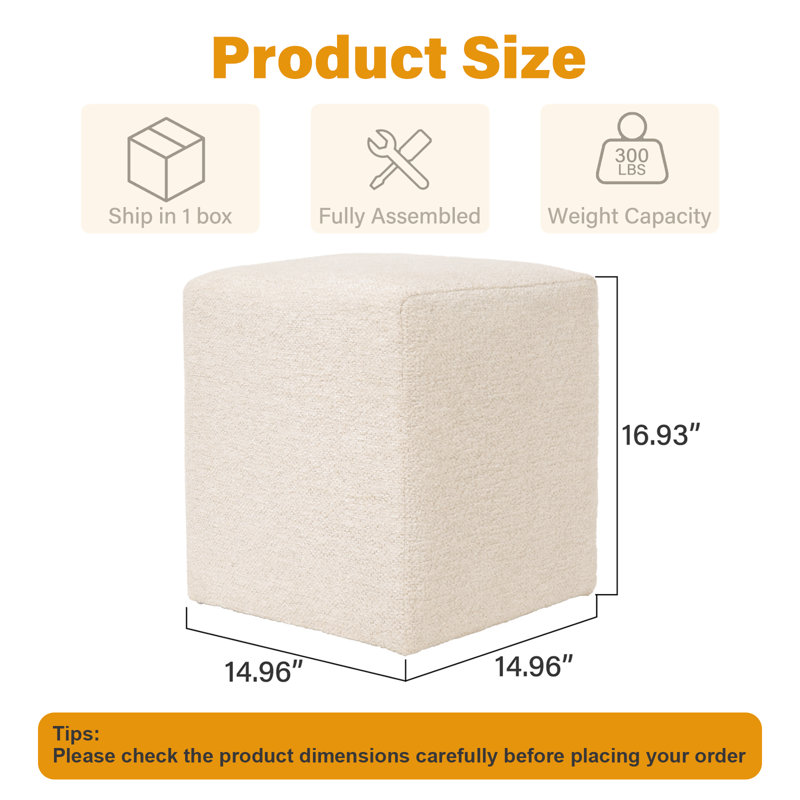 Square Upholstered Ottoman With Solid Wood Frame, White