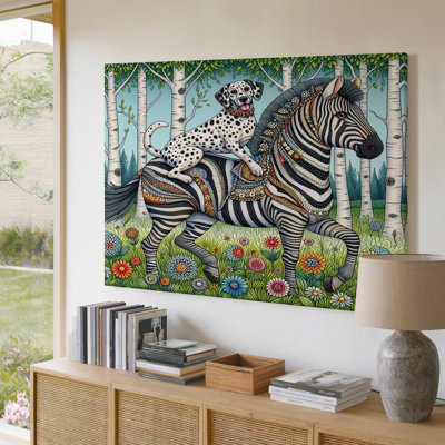 Reproduction d'art mural sur toile fantaisiste dalmatien chevauchant un zèbre floral pour le salon, la chambre à coucher, le bureau, le couloir, le vestibule, le mur de la galerie et la décoration intérieure moderne