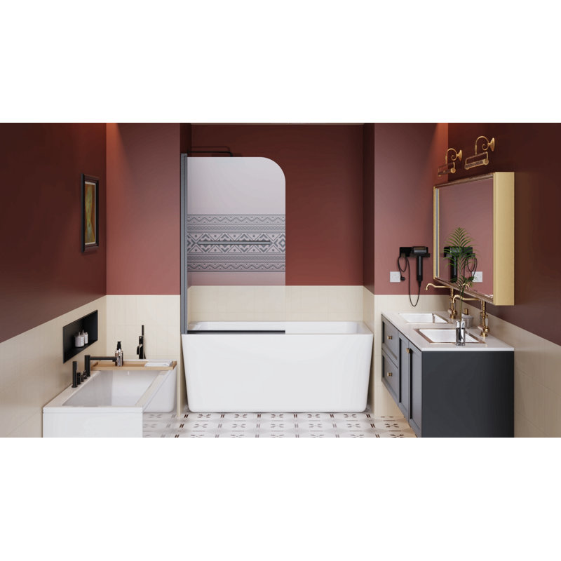 32.In W X 55.In H Shower Door Bathtub, 1/4 Inch Thick Bohemian Patterntempered Glass Shower Door With Stainless Steel Handle, Black